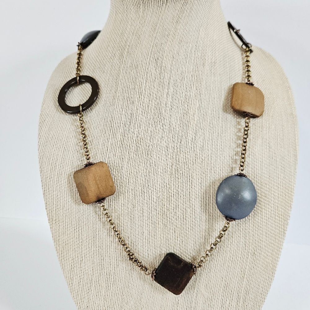 Vintage Wooden Earthy Beaded Geometric Chunky Artisan Folk Art Chain Necklace - Picture 2 of 9
